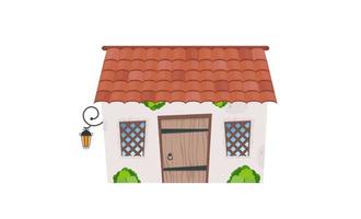 Small fairy house. Stone building with windows, door and roof. Cartoon style. For the design of games, postcards and books. Isolated on white background. Vector illustration.