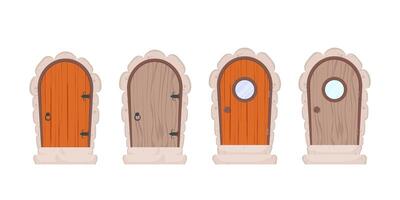 juego de puertas antiguas de madera. revestimiento y escalones de piedra. textura de madera. estilo de dibujos animados aislado, vectorial vector