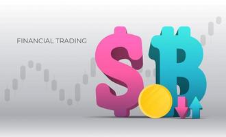 Financial trading banner. Dollar and bitcoin icon. 3d monetary currencies. Suitable for finance, trade and cryptocurrency. Vector. vector