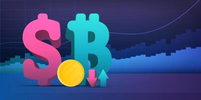 Dollar and bitcoin sign on the background of financial charts. Neon colors. Analytics, business or financial exchange trading concept. Vector. vector