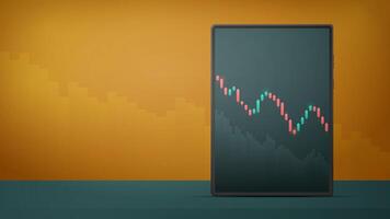 Tablet displaying stock market quotes. The graph tends to go down. Investment trading in the stock market. Banner with text under the place. Vector illustration.