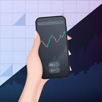 Hand holds a phone with financial charts. Analytics, business or financial exchange trading concept. . vector