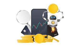 Flying robot holds a gold coin on the background of a mobile phone. Wallet, bank card, pile of coins, magnifier, financial chart. Investment and capital increase concept. Vector. vector