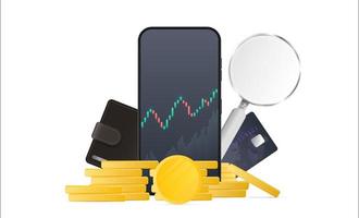 Phone displaying stock market quotes, gold coins, bank card, coin and magnifying glass. Stock market investment trading concept. Isolated. Vector illustration.