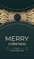 Merry christmas dark green color greeting flyer template with luxury yellow ornament vector