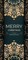 Greeting card template Merry Christmas and Happy New Year in dark green color with winter yellow pattern vector