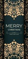 Greeting card template Merry Christmas and Happy New Year in dark green color with winter yellow pattern vector