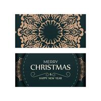 Merry Christmas and Happy New Year greeting card template in dark green color with vintage yellow pattern vector