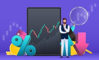 Financial trading banner. A businessman is pondering an idea. Percentage with up and down arrows. Wallet, bank card, graph, magnifier, tablet. Vector. vector