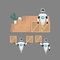 Set of White flying robots with boxes. Delivery and trucking concept. Realistic style. Vector illustration.