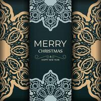 Holiday card Merry Christmas and Happy New Year in dark green color with vintage yellow ornament vector