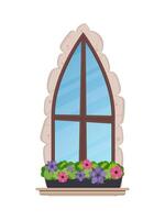 Old window with flowers and stone cladding. Cartoon style. Vector illustration.