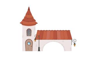 House with a tower and an arch. Stone building with windows, door and roof. Cartoon style. For the design of games, postcards and books. Isolated. Vector illustration.