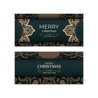 Holiday card Merry Christmas in dark green color with vintage yellow pattern vector