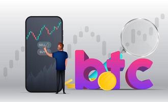 Trading banner. A man buys bitcoin on a mobile app. Stock market investment trading concept. Candlestick chart. Vector illustration.