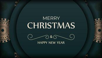 Merry Christmas and Happy New Year greeting flyer template in dark green color with winter yellow ornament vector