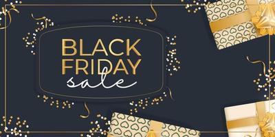 Black Friday sale banner. Gold bow, confetti and gift boxes. Ready horizontal poster. Vector illustration.