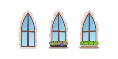 Set of old windows with flowers and stone cladding. Cartoon style. Vector illustration.