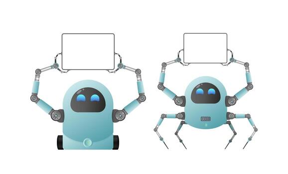A small futuristic robot holds a white sign with space for text. Isolated. Vector. vector