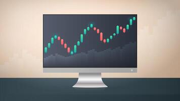 Monitor displaying stock market quotes. Investment trading in the stock market. Banner with space for text. Vector illustration.