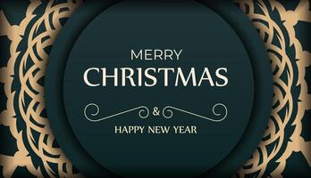 Merry Christmas and Happy New Year greeting flyer template in dark green color with vintage yellow pattern vector