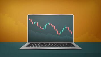 Laptop with display of stock market quotes. The graph tends to go down. Investment trading in the stock market. Banner with text under the place. Vector illustration.