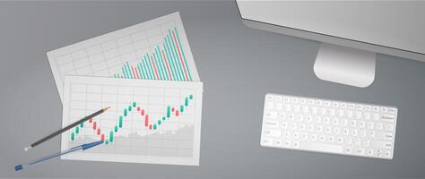 A computer, keyboard, and pen on a desk vector