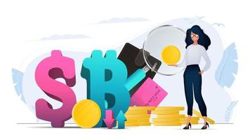 Financial trading banner. The girl is holding a gold coin in her hands. Gold coins, wallet, bank card, chart, Dollar and bitcoin icon. Vector. vector