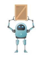 A small futuristic robot is holding a box. Cargo delivery concept. Isolated. Vector illustration.