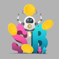 Flying robot holding a gold coin against the background of the dollar sign and bitcoin. Investment and capital increase concept. Isolated. Vector. vector