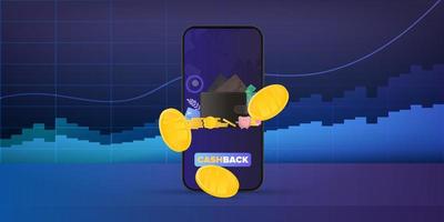 Cashback banner. Gold coins fall near the phone. Refund application. Concept on the topic of finance, and earnings. Vector. vector