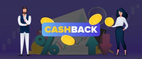 Cashback banner. The girl is holding a gold coin. Confident male businessman. Neon colors. Vector. vector
