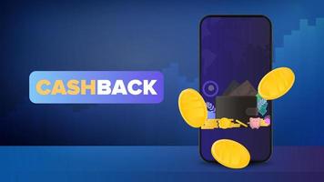 Cashback banner. Gold coins fall near the phone. Refund application. Get out with the financial charts. Concept on the topic of earnings. Vector