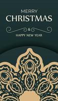Dark green happy new year flyer with vintage yellow ornament vector