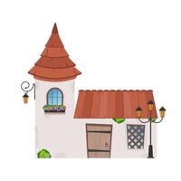 House with a tower. Stone building with windows, door and roof. Cartoon style. For the design of games, postcards and books. Isolated on white background. Vector illustration.