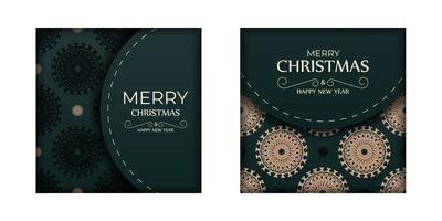 Merry christmas dark green color greeting flyer template with abstract yellow ornament vector