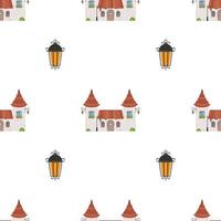 Seamless pattern with castle and towers. Endless background. Good for wrapping paper, postcards, and books. Cartoon style. Vector illustration.