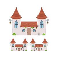 Set of Small fairy houses. Stone building with windows, door and roof. Cartoon style. For the design of games, postcards and books. Isolated on white background. Vector illustration.