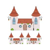 Set of Small fairy houses. Stone building with windows, door and roof. Cartoon style. For the design of games, postcards and books. Isolated on white background. Vector illustration.