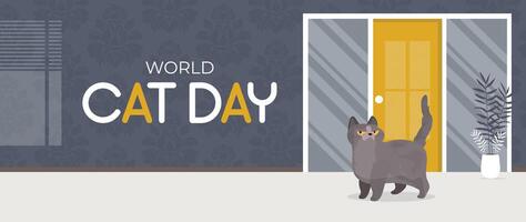 World cat day banner. A funny and fat cat. Cartoon style. Vector illustration.