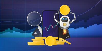 Flying robot holds a gold coin on the background of a mobile phone. Wallet, bank card, pile of coins, magnifier, financial chart. Vector. vector