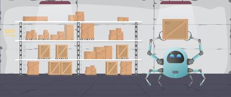 A robot picks up a box in a warehouse. Large warehouse with pallets, wooden and cardboard boxes. . vector