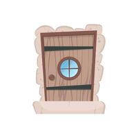 antigua puerta de entrada rectangular de madera con ventana redonda. revestimiento de piedra. estilo de dibujos animados aislado. vector. vector