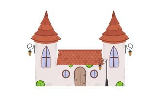 House with towers. Stone building with windows, door and roof. Cartoon style. For the design of games, postcards and books. Isolated on white background. Vector illustration.