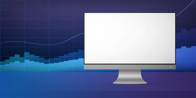 Monitor with a white screen on the background of financial charts. Neon colors. The concept of analytics, business or trading on the financial exchange. . vector