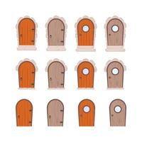 Large Set of Antique Wooden Doors. Stone cladding and steps. Wood texture. Cartoon style. Isolated, vector illustration.