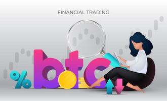 The girl analyzes the finance market. Money training banner. Gold coins, wallet, bank card, magnifier, telephone, chart. Vector. vector