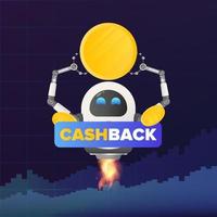 Cashback banner. The flying robot is holding a gold coin. Money back concept. Vector illustration.