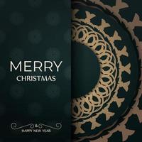 Template Greeting Brochure Merry Christmas dark green with winter yellow pattern vector