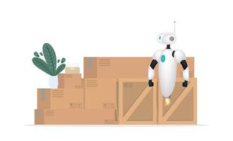 White flying robot on the background of boxes. Delivery and trucking concept. Realistic style. Vector illustration.